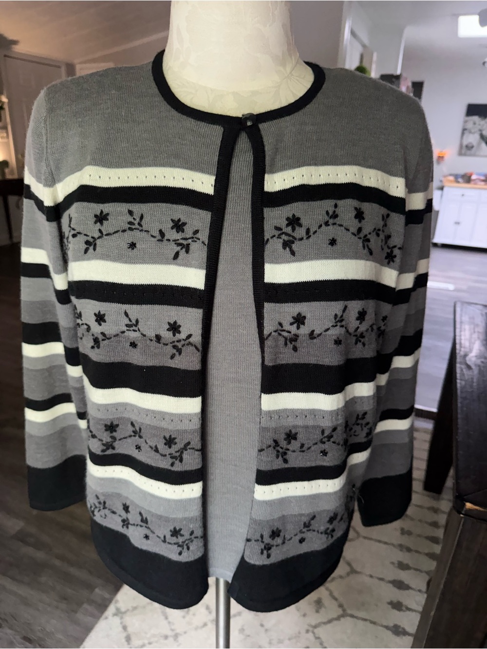 Alfred Dunner Wool Blend Gray & Black Strip Cardigan Sweater Embroidered Beaded